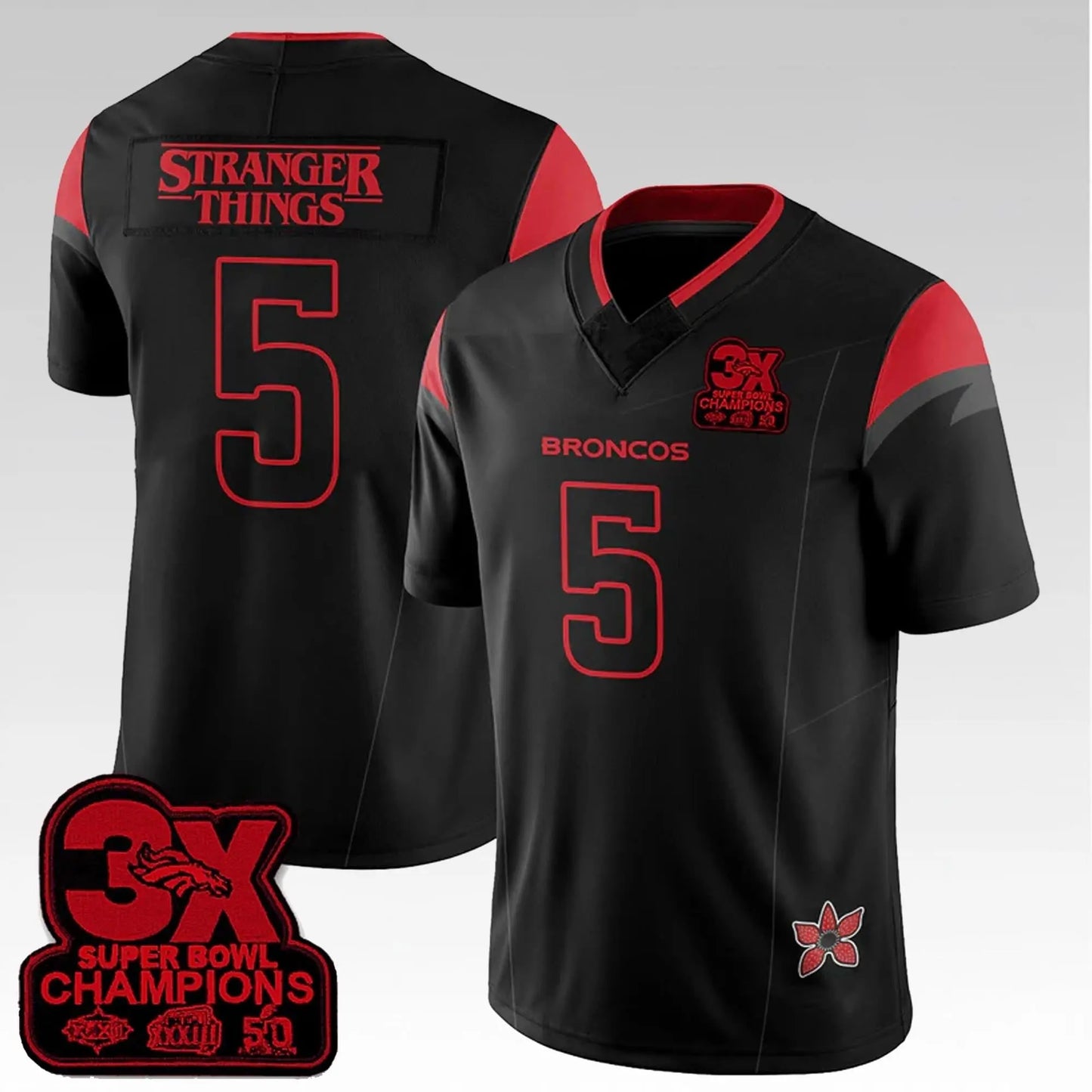 Broncos Stranger Things 3X Bowl Champions Jersey Bigfirefashion
